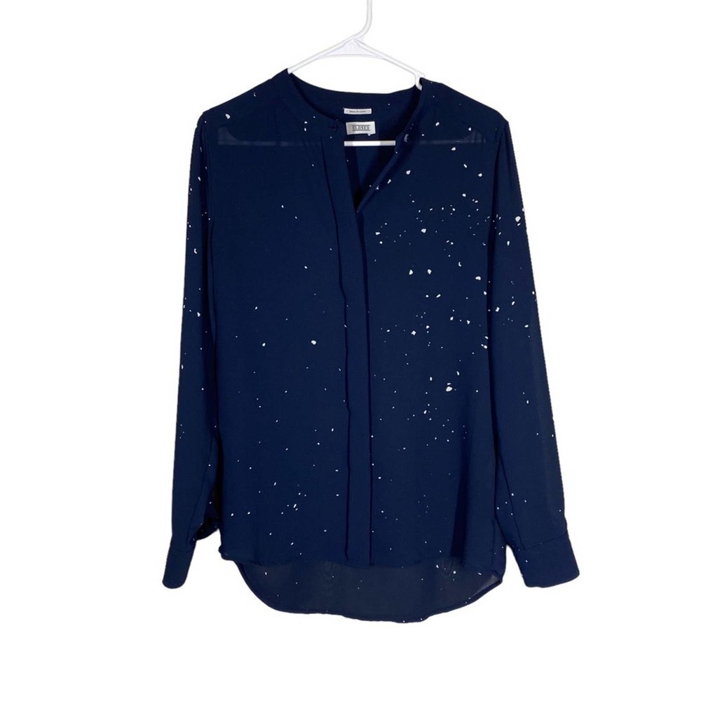 Closed Navy Blue Splatter Dot Print Blouse
